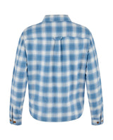 Fjällräven Övik Boxy Flannel Shirt Women bakifrån i blått och vitt rutmönster.