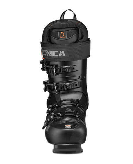 Tecnica Mach1 LV 120 TD2 alpinpjäxa framifrån i svart och orange design med spännen.