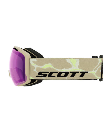 Scott Goggle Sphere OTG LS skidglasögon i Mojave Beige med lila tonad lins och mönstrat band.
