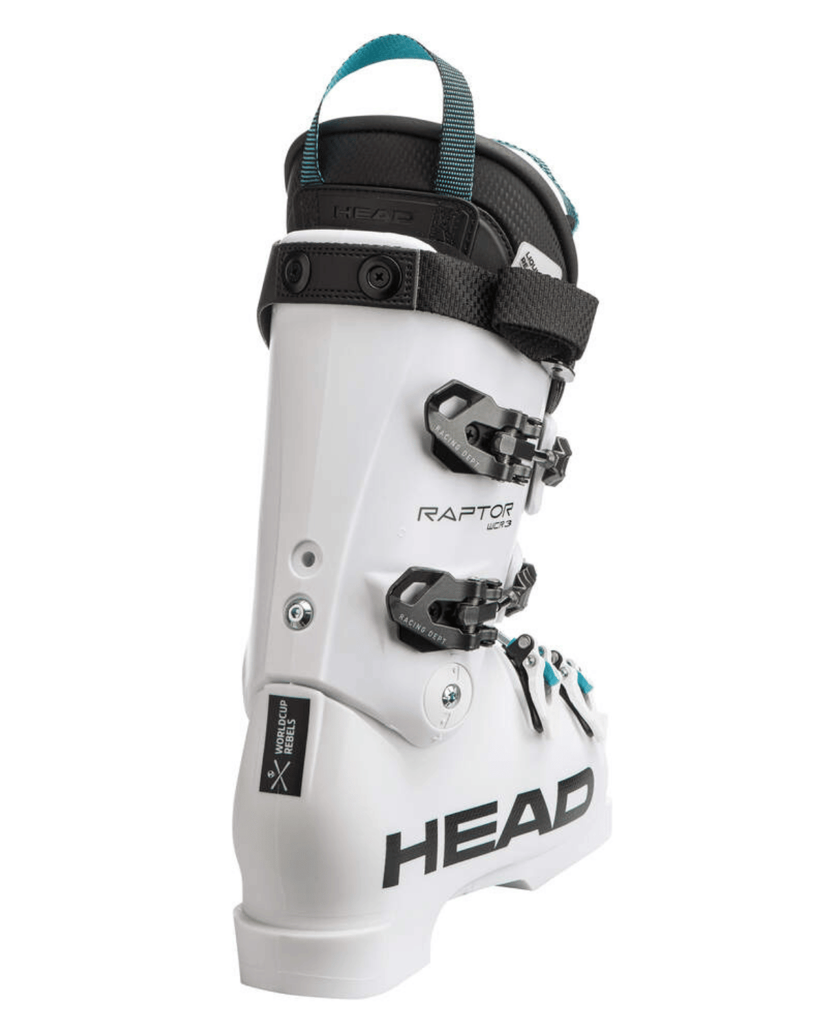 Head Raptor WCR 3 RV 26/27 racepjäxa i vitt med svarta spännen och Rebels-logotyp, sedd bakifrån.