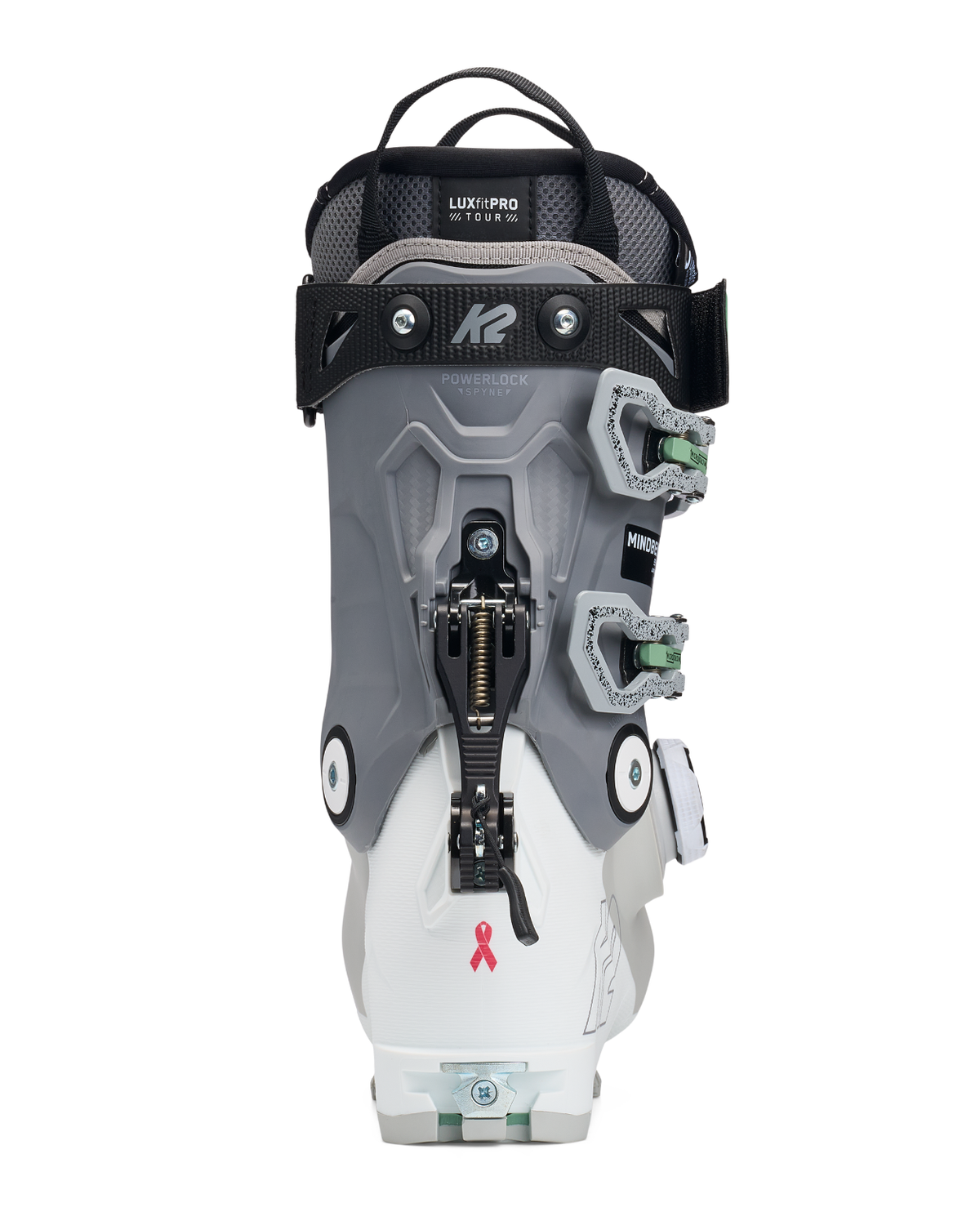 K2 Mindbender 95 BOA Dam - Grå/vit alpinpjäxa bakifrån med Powerlock-gånbläge och Luxfit Pro Tour-innersko.