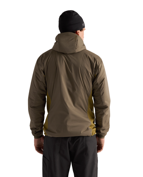 Arc'teryx Atom Hoody Men i färgen Mongoose/Bracken, visad bakifrån på modell för att visa passform och huva.