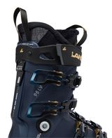 Lange Shadow 95 LV GW dam-alpinpjäxa i mörkblått med fokus på skaft, spännen och Suspension Blade-teknologi.