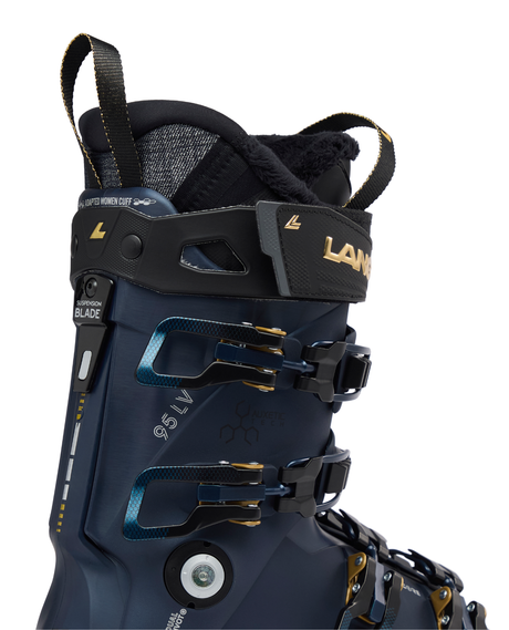 Lange Shadow 95 LV GW dam-alpinpjäxa i mörkblått med fokus på skaft, spännen och Suspension Blade-teknologi.