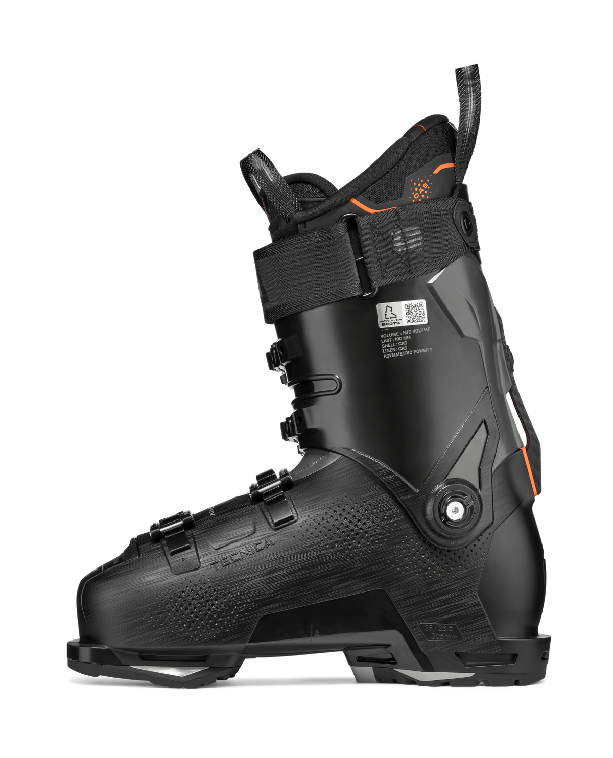Tecnica Mach1 MV 120 TD2 alpinpjäxa i svart och orange färg från sidan