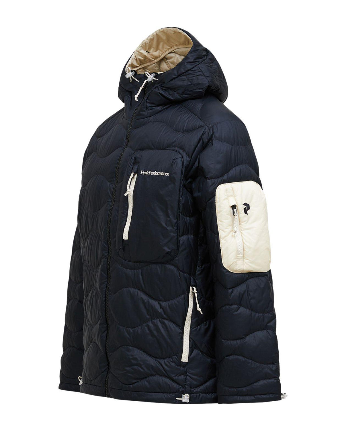 Peak Performance Helium Utility Down Hood Jacket Men i svart och sandfärgat utförande från sidan.