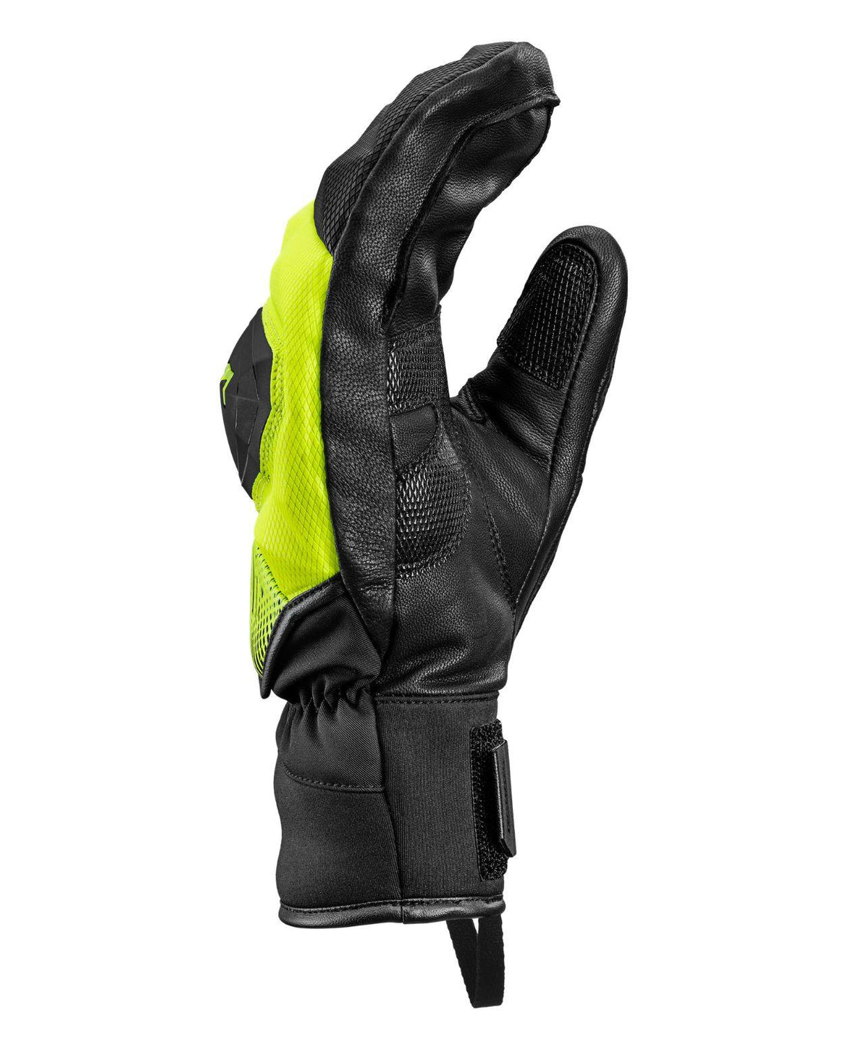Leki WCR Pro Zero Mitt i neongult och svart, teknisk race-vante med läderhandflata för alpina tävlingsåkare.