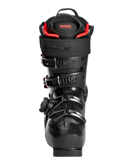 Svart Atomic Hawx Ultra 130 S BOA alpinpjäxa med röd Mimic-innersko och BOA-system framifrån.