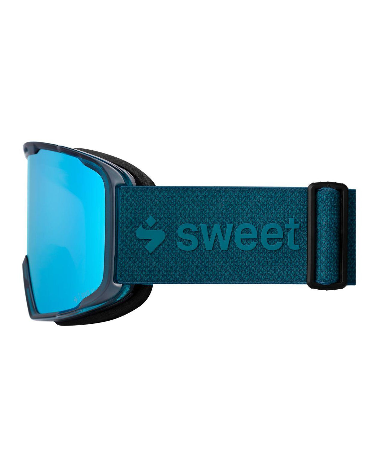 Sweet Protection Durden RIG Reflect skidglasögon i Gloss Crystal Teal med blå RIG Aquamarine-lins i sidoprofil.