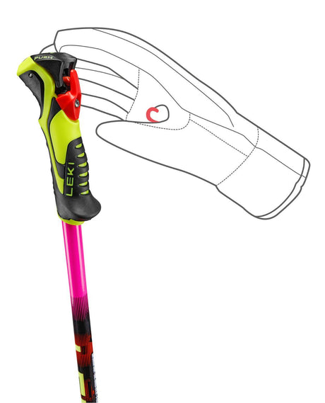 Leki WCR Evo Lite SL TR slalomstav med uppdaterat Trigger-grepp i neonrosa och gult för juniora tävlingsåkare.
