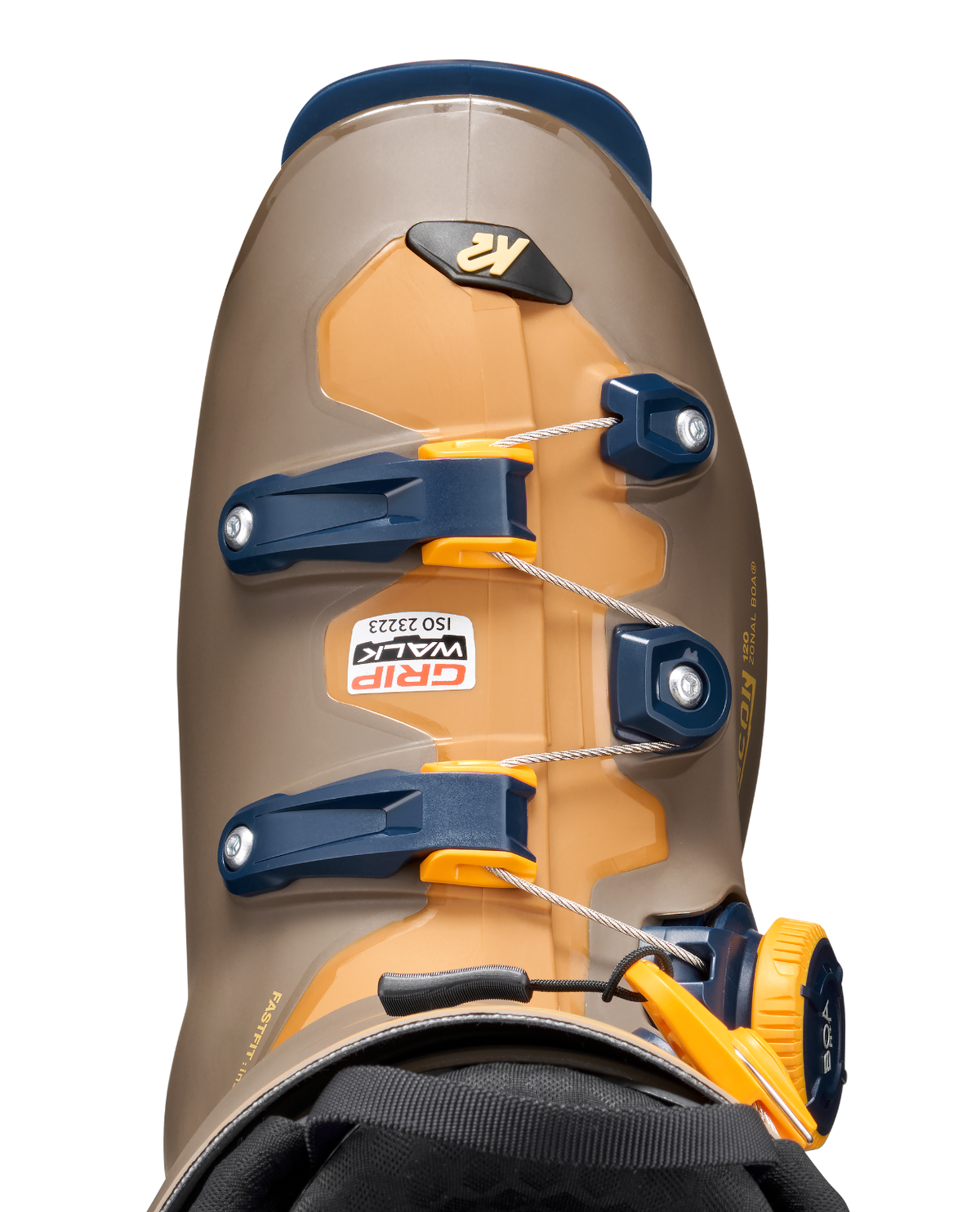 K2 Recon 120 Zonal BOA alpinpjäxa sedd ovanifrån som visar det bruna skalet, det orangea spännsystemet och GripWalk-sulan.