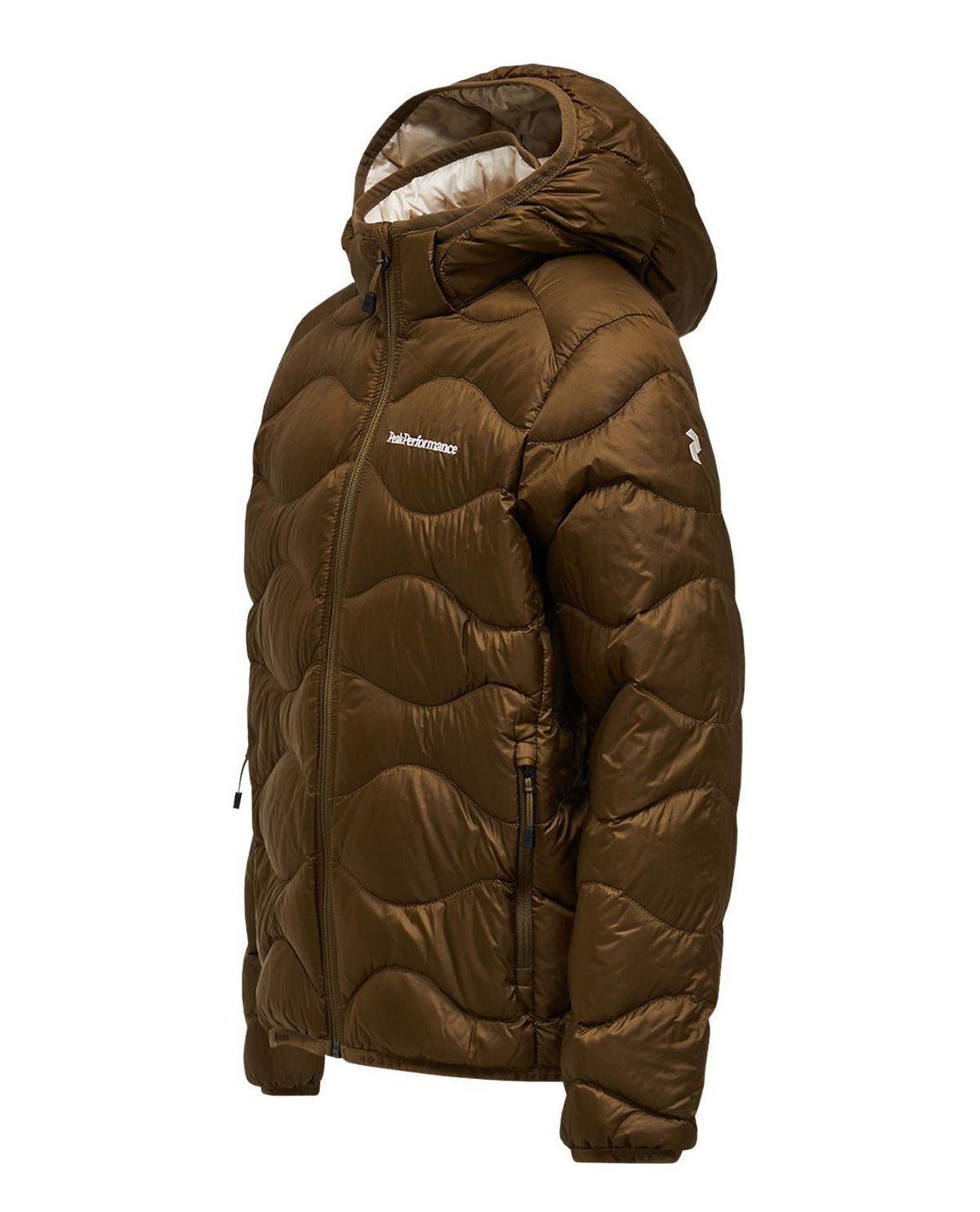 Peak Performance Helium Down Hood Jacket Junior i brun färg, visad i en profilvinkel.