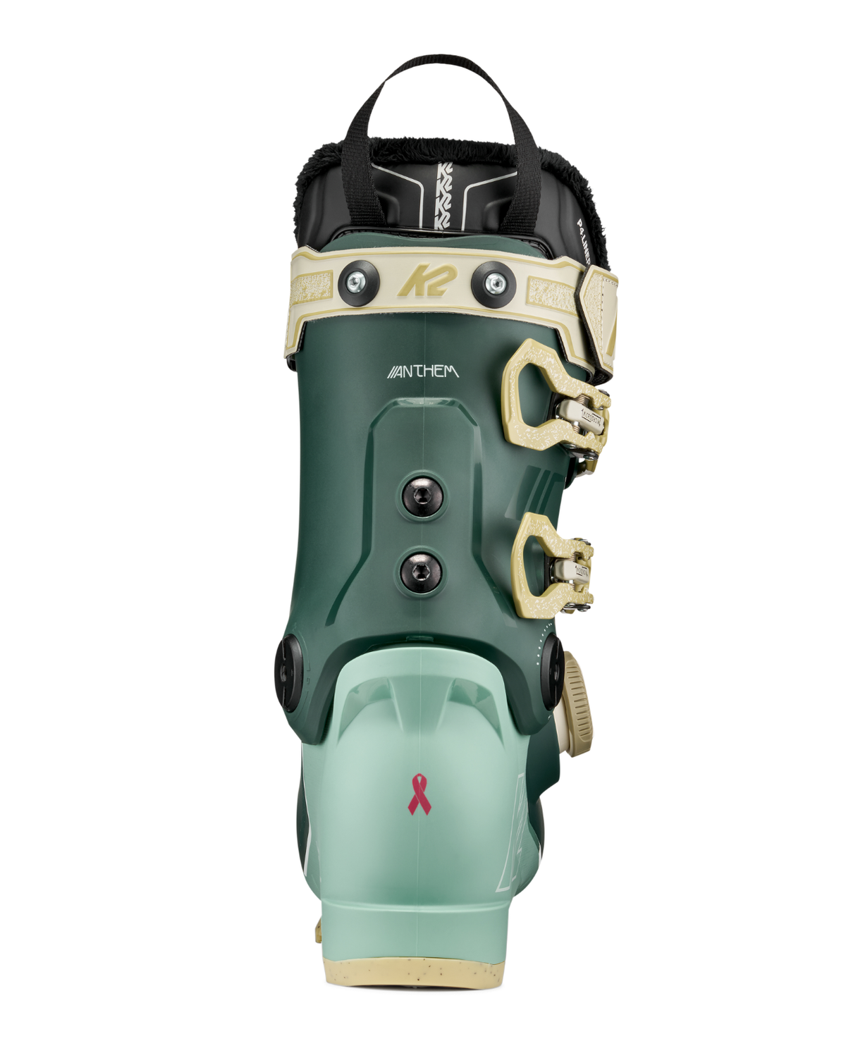 K2 Anthem X 95 BOA dam-alpinpjäxa bakifrån i gröna nyanser med spännen och integrerat BOA-system.