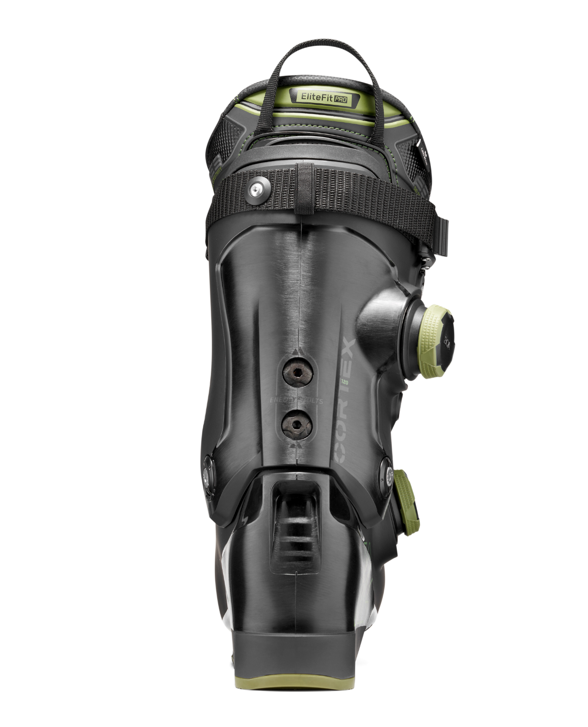 K2 Cortex 120 TEAM ZONAL BOA alpinpjäxa sedd bakifrån, med synliga BOA-reglage och powerstrap.