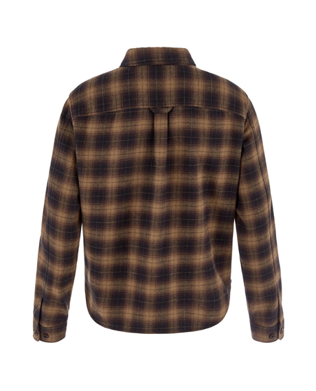 Fjällräven Övik Boxy Flannel Shirt Women i färgkombinationen Black-Wood Brown visas bakifrån, en rutig flanellskjorta för dam.