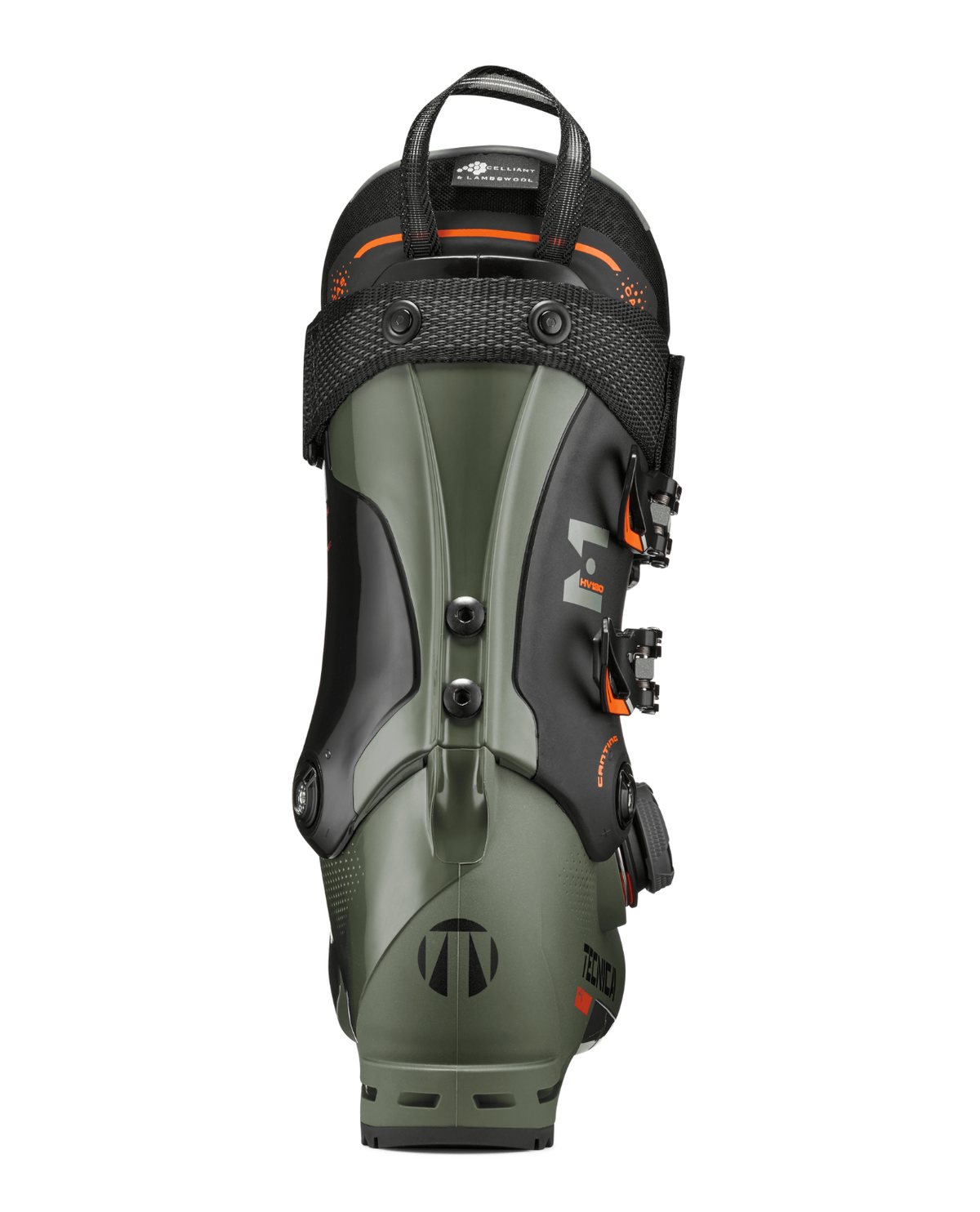 Tecnica Mach BOA HV 120 alpinpjäxa bakifrån i grön design - Alpingaraget