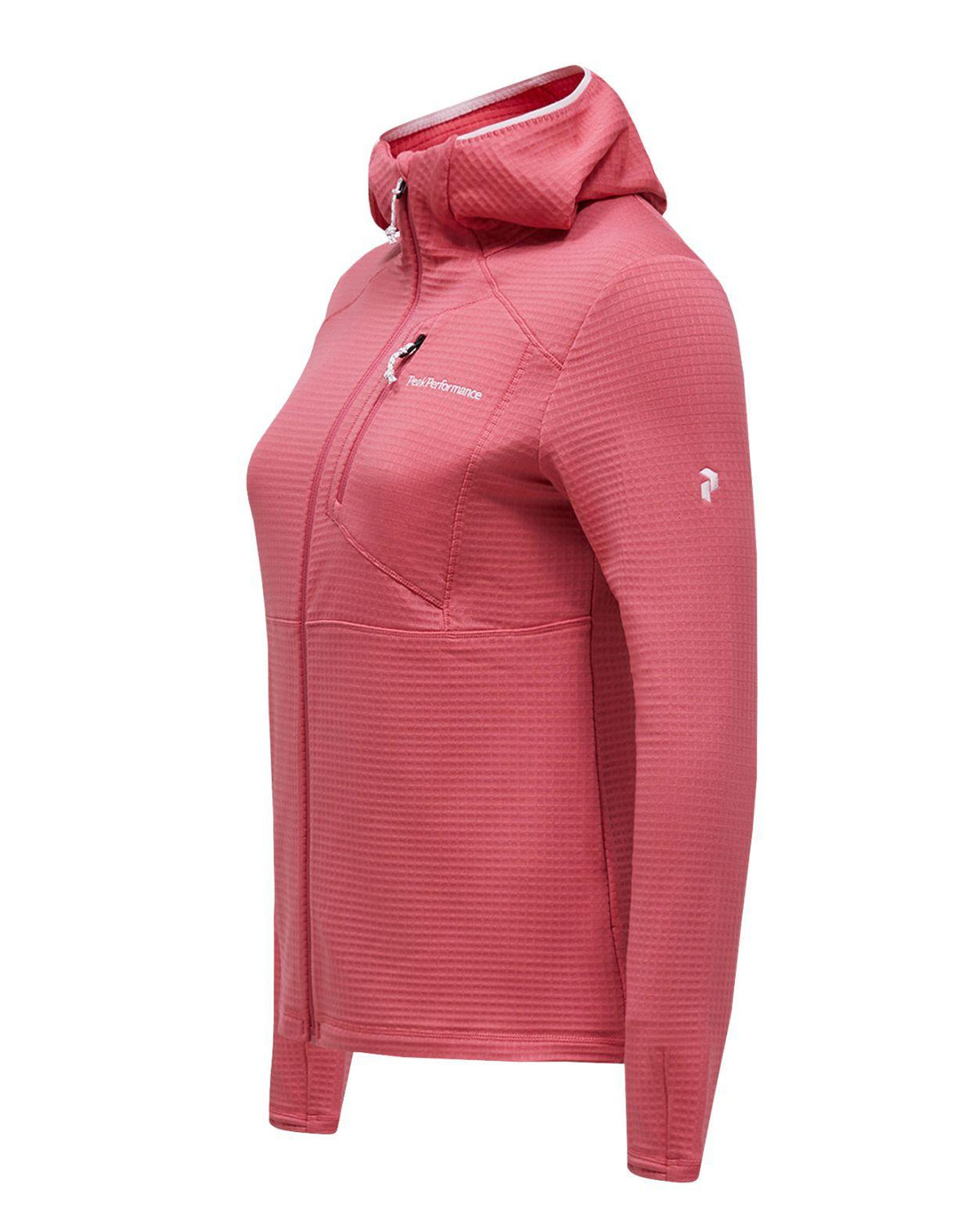 Peak Performance Trail Polartec Zip Hood Dam i rosa färg visad från sidan.