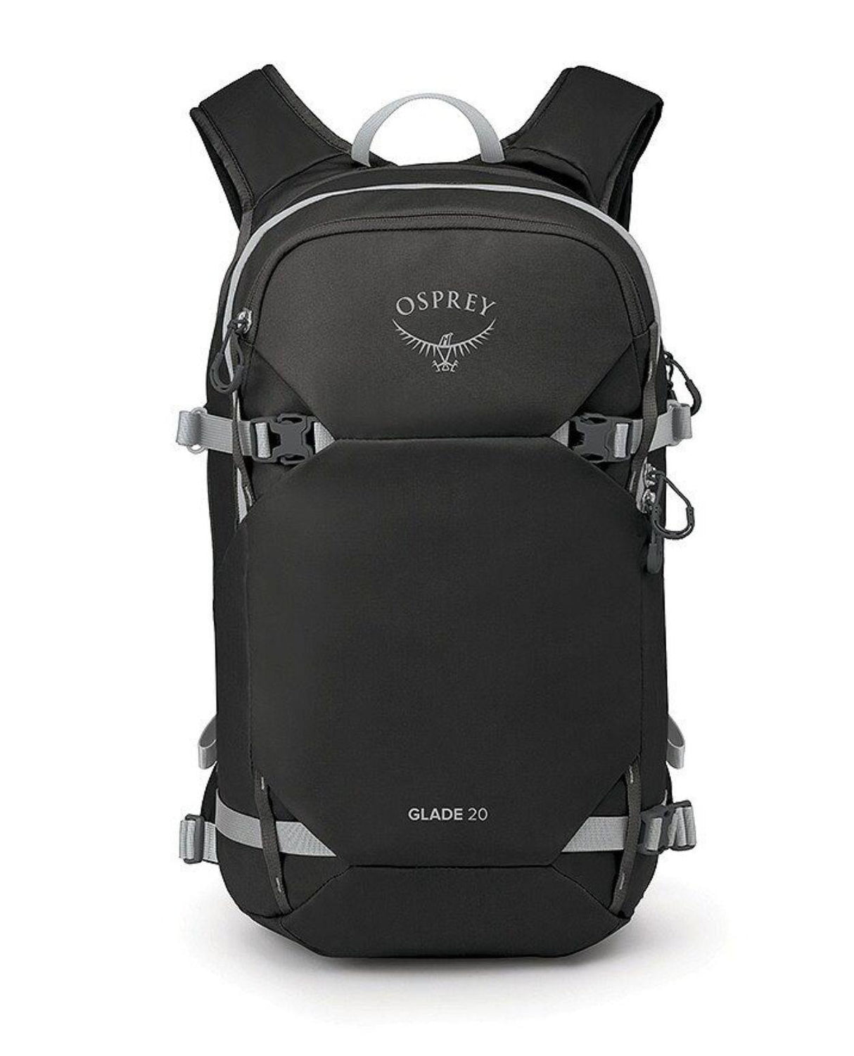 Osprey Glade 20 i svart färg, en smidig ryggsäck för skidåkning och toppturer med praktiska spännen.