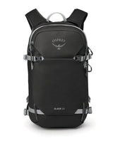 Osprey Glade 20 i svart färg, en smidig ryggsäck för skidåkning och toppturer med praktiska spännen.