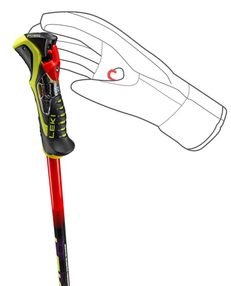 Leki Venom SL TR racingstav med Trigger 3D SL-handtag och illustrerad handposition för tävlingsåkare.