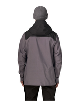 Patagonia PowSlayer Jacket Men i grått ses bakifrån på en skidåkare med grå mössa.