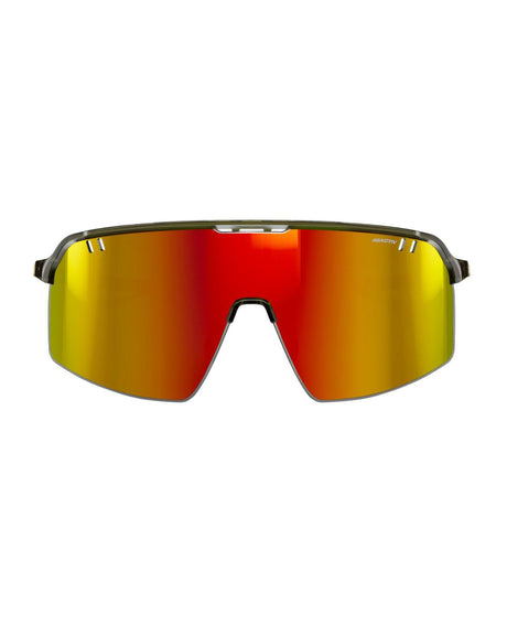 Julbo Intensity Reactiv 1-3 Light Amplifier solglasögon med armégröna bågar och rödtonad spegellins för skidåkning.
