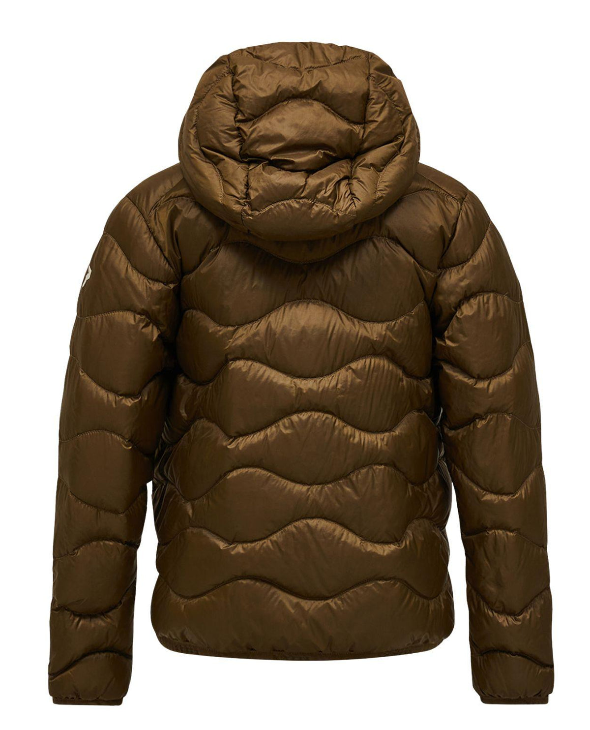 Peak Performance Helium Down Hood Jacket Junior i brun färg, visad bakifrån med huva.