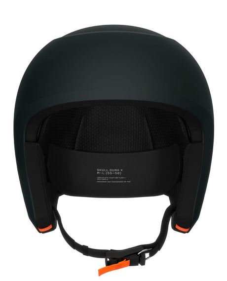 POC Skull Dura X Mips – matt grön alpin hjälm bakifrån som visar justering och hakrem.