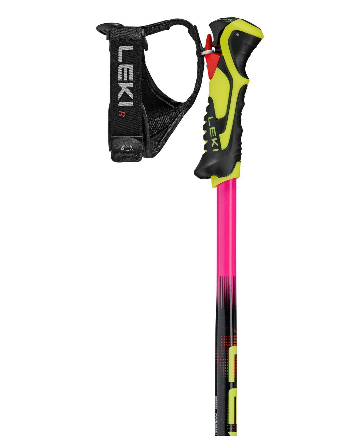 Leki WCR Evo Lite SL TR juniorstav med ergonomiskt grepp och Trigger-system i neonrosa och neongult för alpina tävlingsåkare.