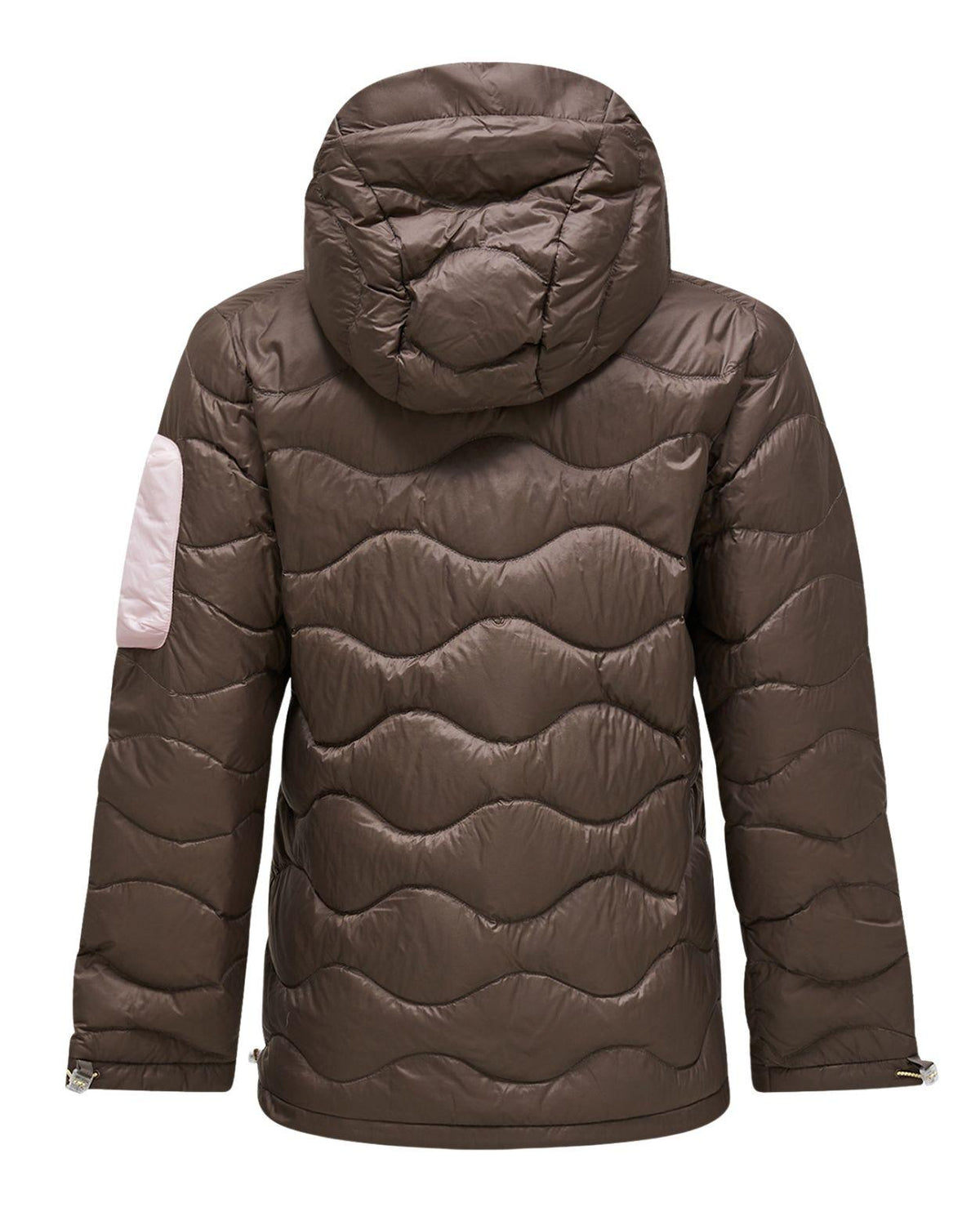 Peak Performance Helium Utility Down Hood Jacket Women bakifrån i färgen Terrain Tan/Mountain Blush.