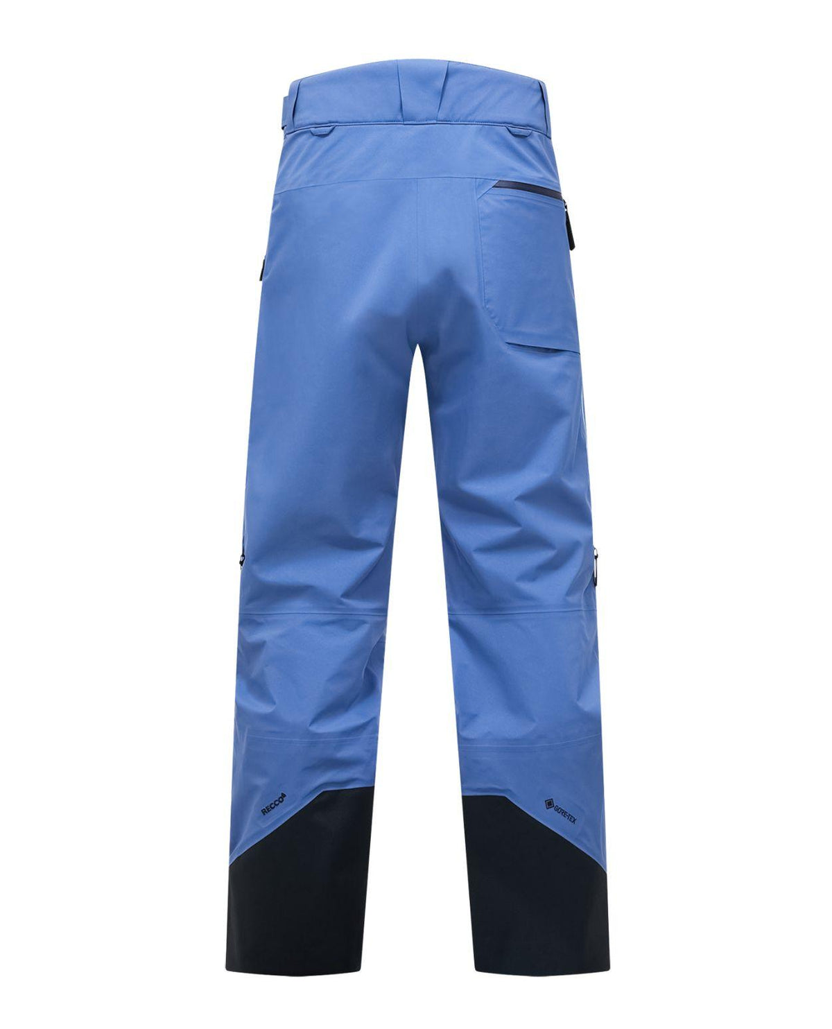 Peak Performance Alpine Gore-Tex 3L Pants Men i fogen Summit Sky ses bakifrån med svarta förstärkningar vid bensluten.
