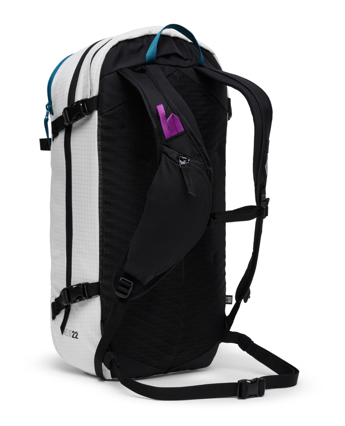 Black Diamond Helio 22 Backpack i färgerna chalk och svart visad bakifrån med axelremmar och detaljer.