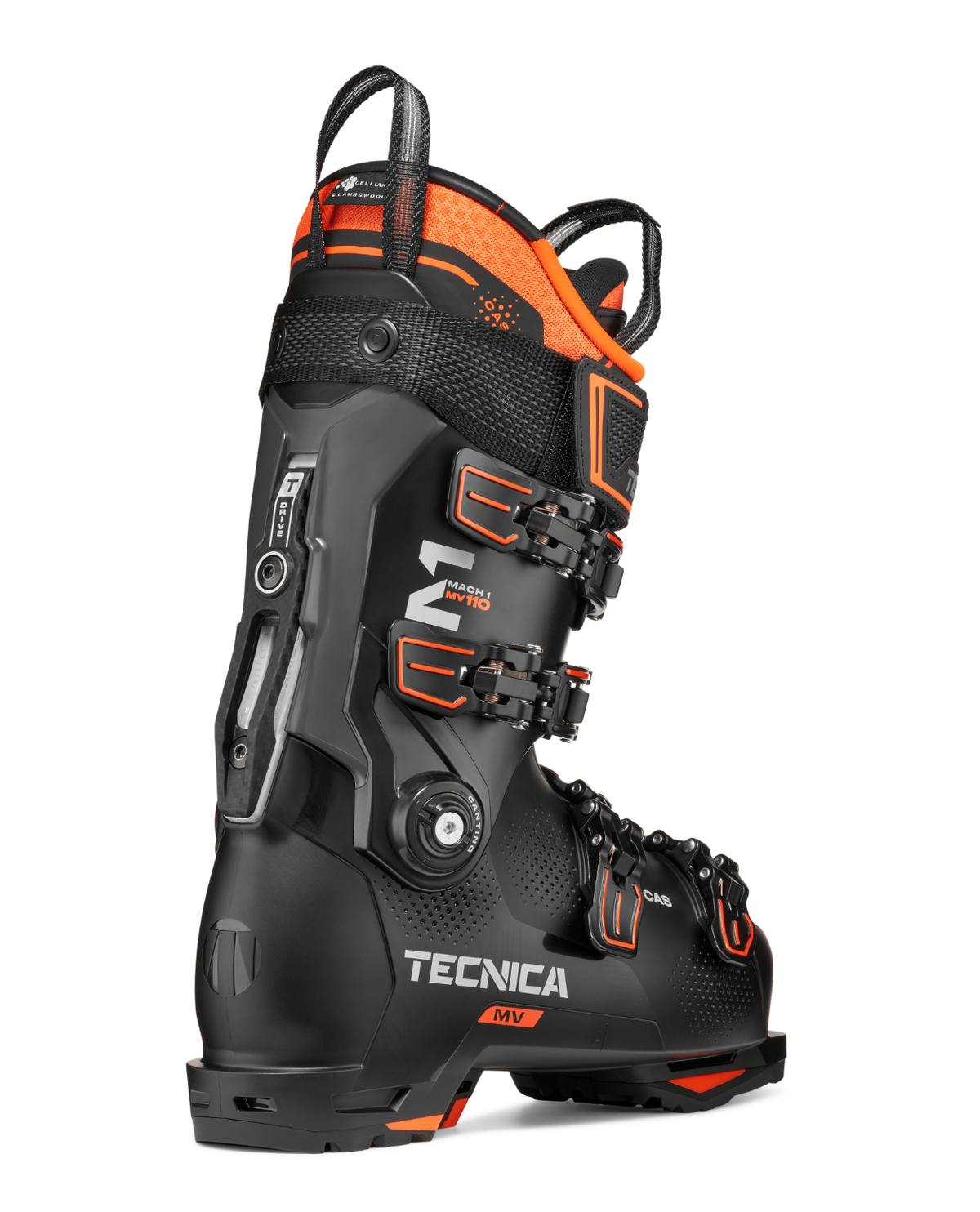 Tecnica Mach1 MV 110 TD2 alpinpjäxa i svart med orange detaljer från bakre vinkel