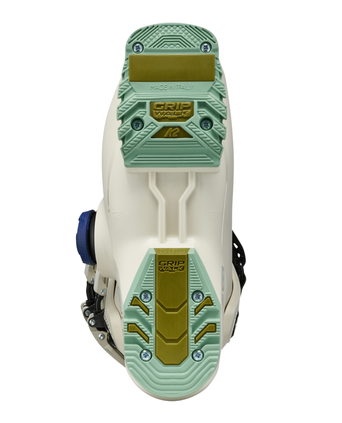 Undersidan på alpinpjäxan K2 Cortex 85 BOA Women med tydlig GripWalk-sula och slitstarka detaljer.