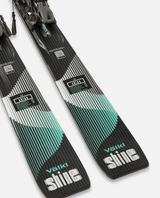 Närbild på Völkl Shine 78 allmountainskidor för dam med svarta och turkosa detaljer.