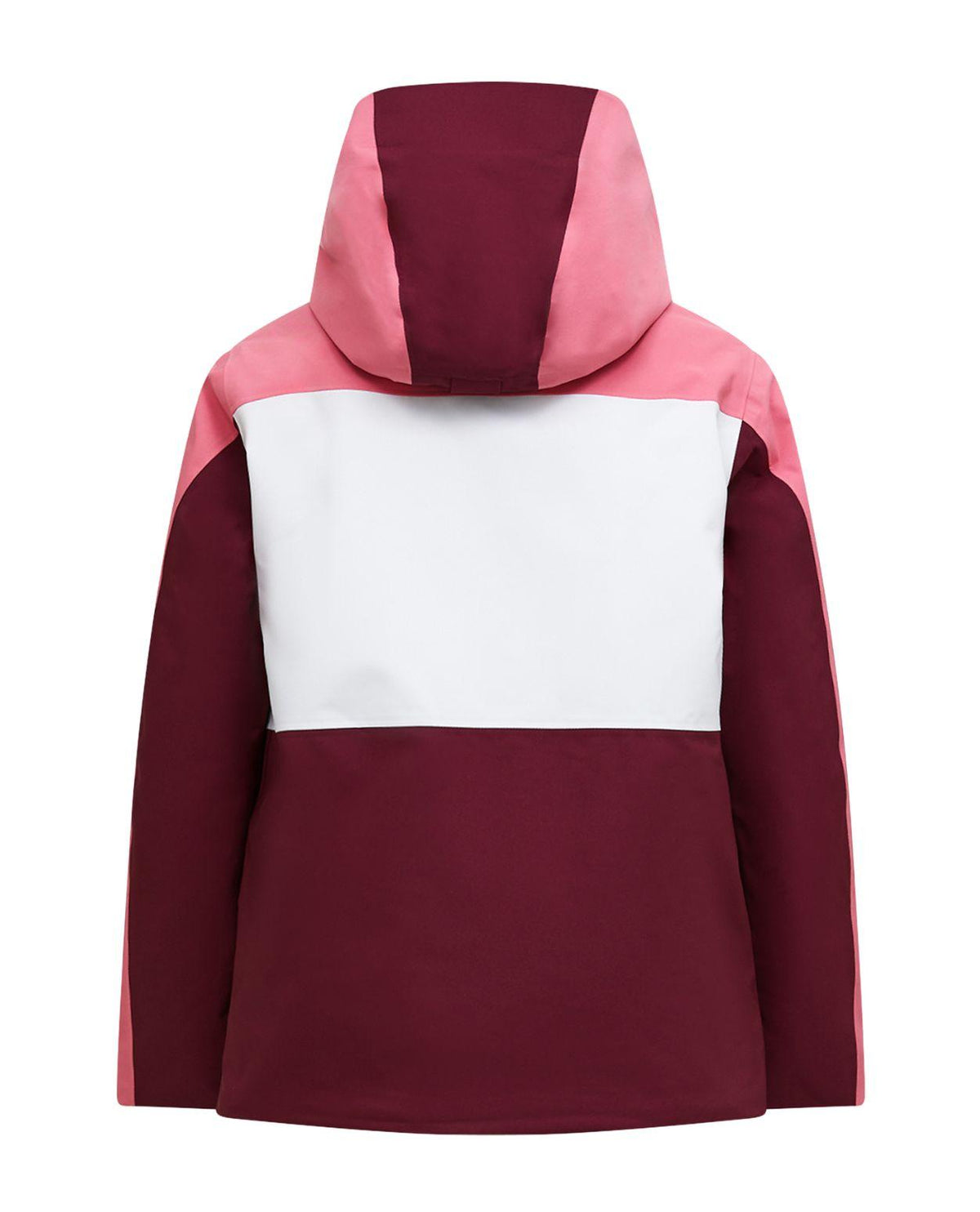 Peak Performance Gravity Insulated Jacket Junior i rosa, vitt och mörkrött bakifrån som visar huva och ryggparti.