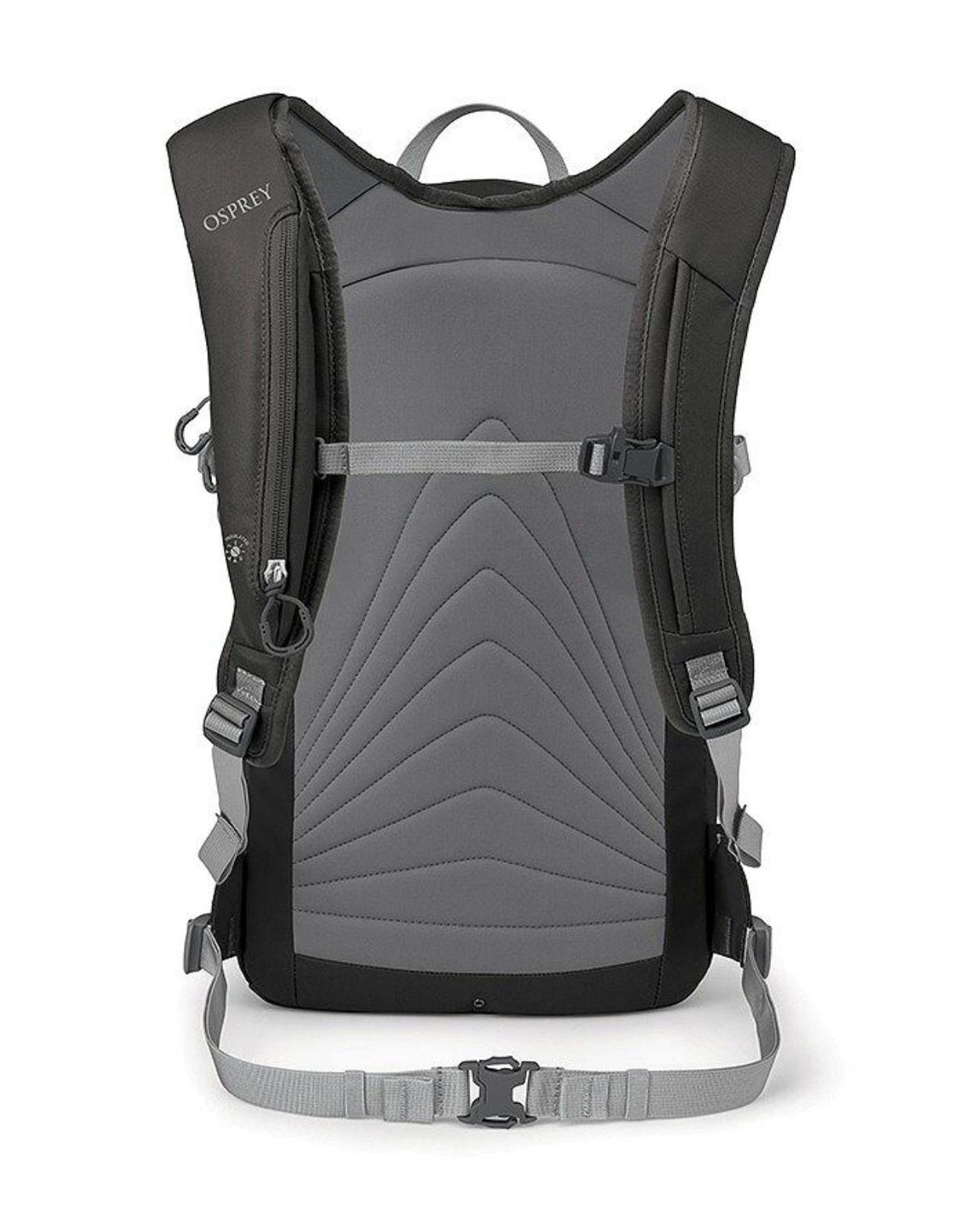 Osprey Glade 20 i svart och grått visad bakifrån med bärsele, ryggpanel och justerbara remmar.