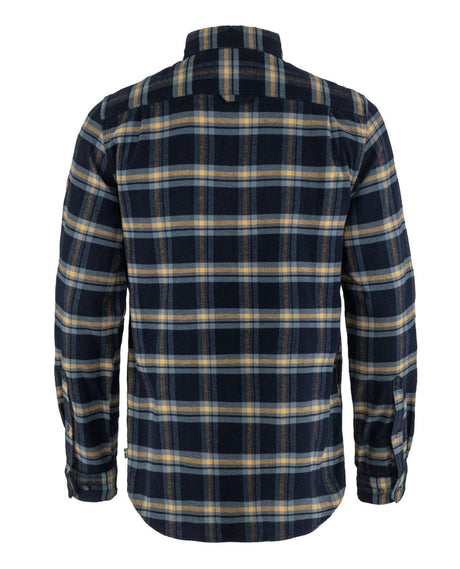 Fjällräven Övik Heavy Flannel Shirt Men mörkblå flanellskjorta sedd bakifrån.