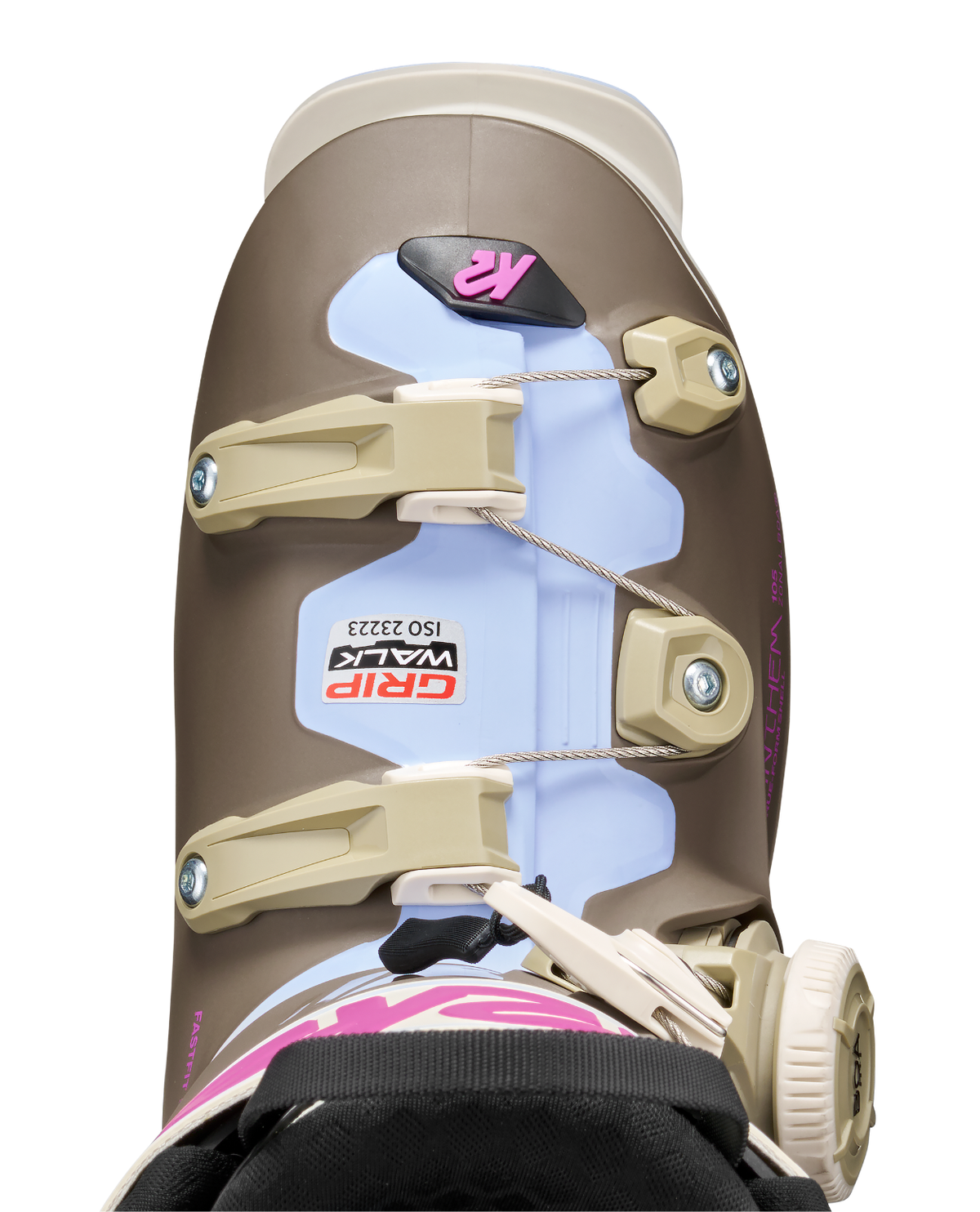 K2 Anthem 105 Zonal BOA damstövlar visar nära detaljer på spännen, GripWalk-sula och BOA-systemet.