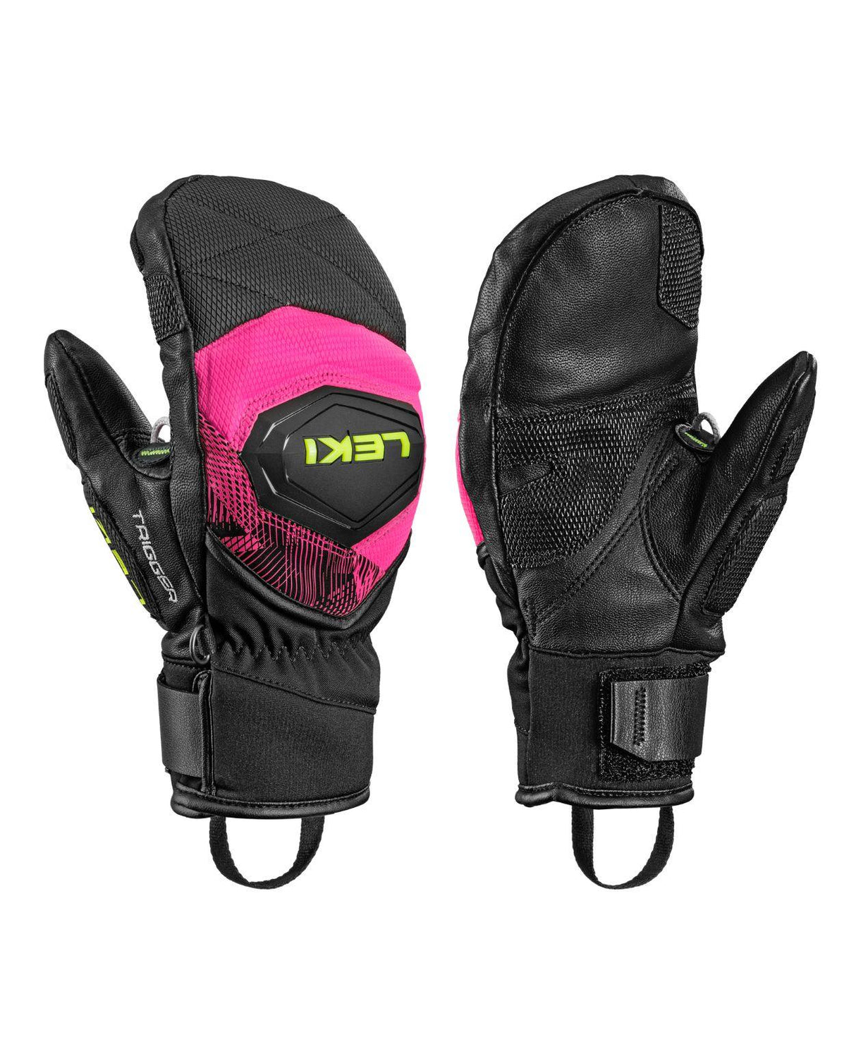 Leki WCR Pro TR Mitt Junior racingtumvantar i svart och neonrosa med Trigger-system för alpina tävlingsåkare.