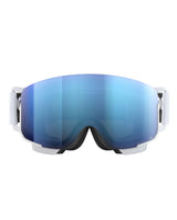POC Nexal Mid skidglasögon i Hydrogen White med blå Partly Sunny Blue-lins mot vit bakgrund.