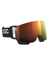 POC Nexal Mid skidglasögon i färgerna Uranium Black och Partly Sunny Orange med cylindrisk lins och svarta remmar.