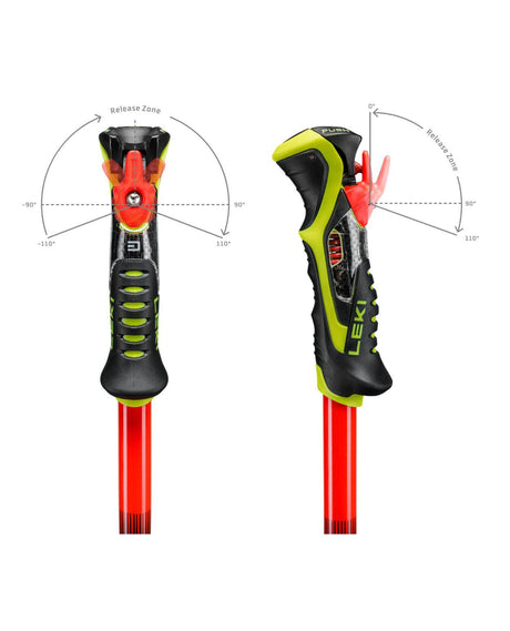 Leki WCR Pro SL TR race-grepp med Trigger 3D-system och illustration av utlösningsvinklar för alpina tävlingsåkare.