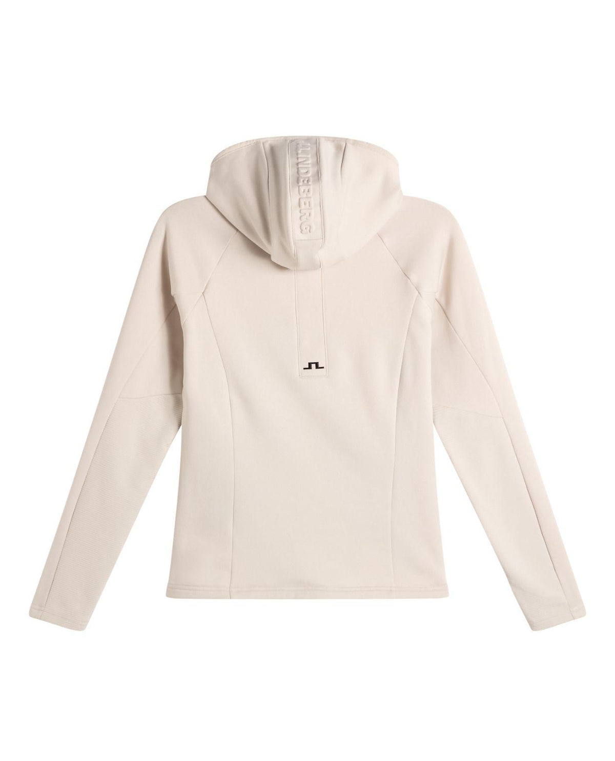 J.Lindeberg Portia Polartec Hood dam i färg moonbeam beige, baksidesvy visande huva med logotyp.