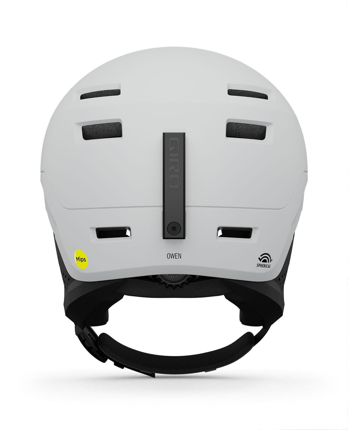 Baksidan av skidhjälmen Giro Owen Spherical Mips i färgen Mat Light Grey, som visar justeringssystemet för passform. Hjälmen finns i storlek S, M och L.