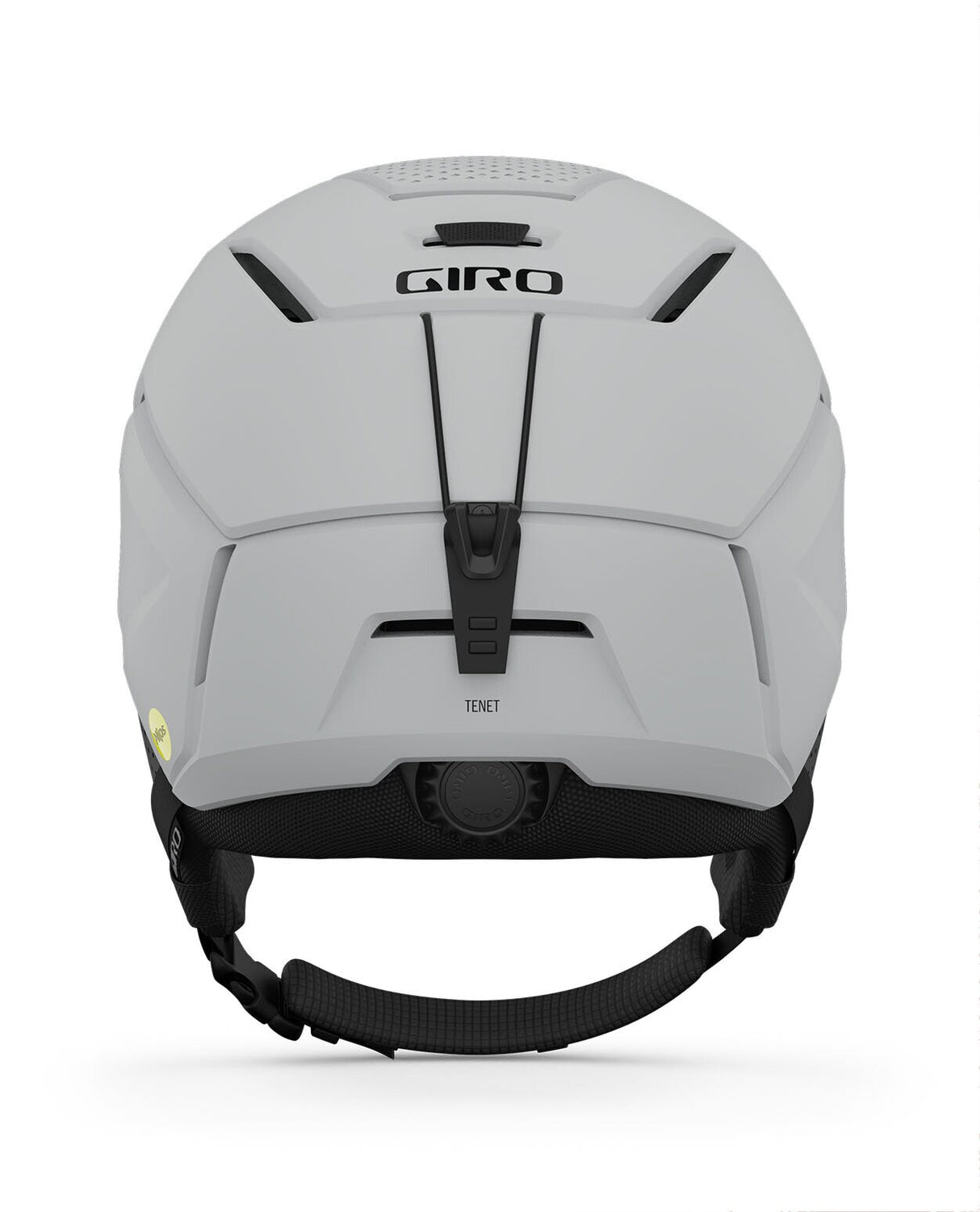 Baksidan på Giro Tenet Mips skidhjälm i matt ljusgrå, som visar justeringsratten för In Form 2 Fit-systemet. Hjälmen finns i storlek S, M, och L.