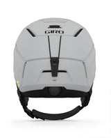 Baksidan på Giro Tenet Mips skidhjälm i matt ljusgrå, som visar justeringsratten för In Form 2 Fit-systemet. Hjälmen finns i storlek S, M, och L.