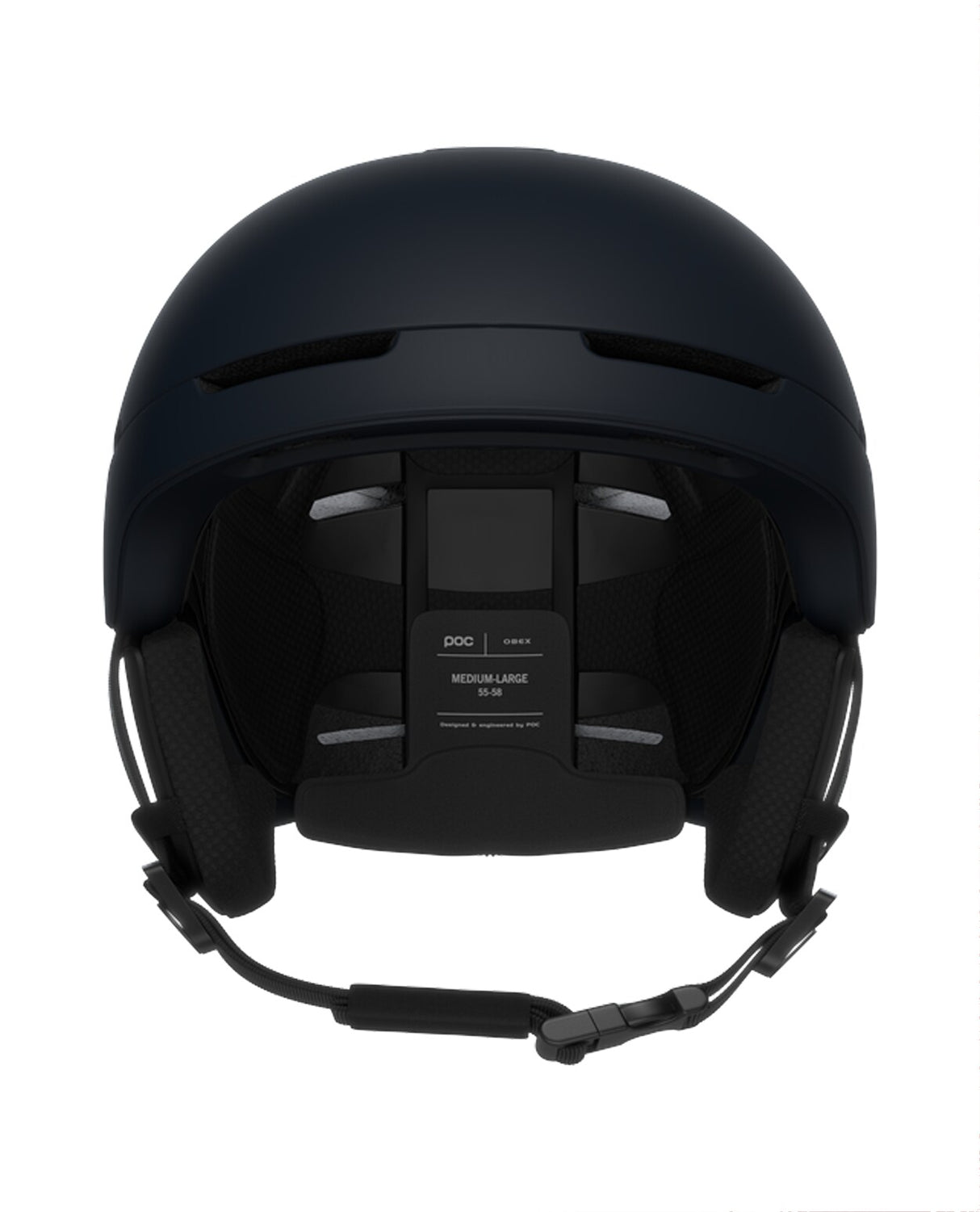 Närbild på insidan av POC Obex MIPS skidhjälm i Apatite Navy Matt, som visar det justerbara 360°-systemet för optimal passform.
