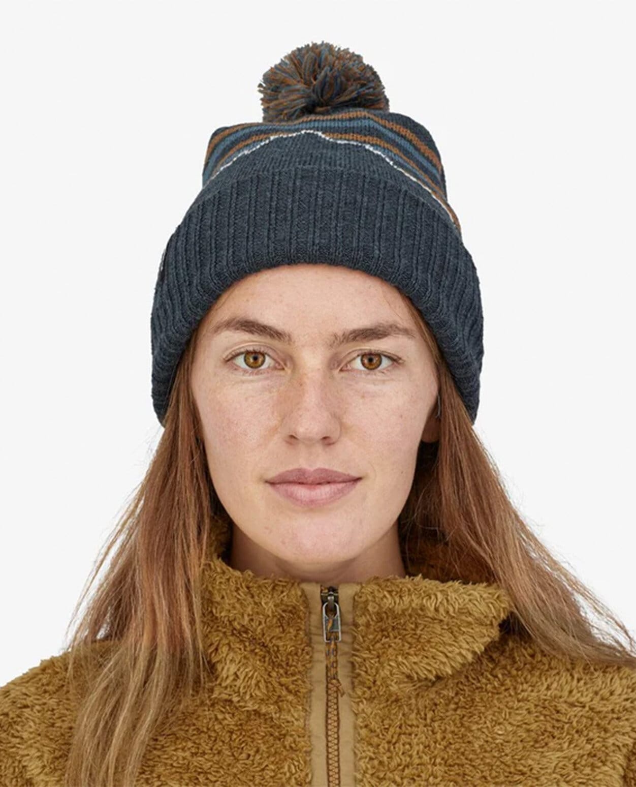 Patagonia Powder Town Beanie Fitz Roy Stripe Knit Smolder Blue