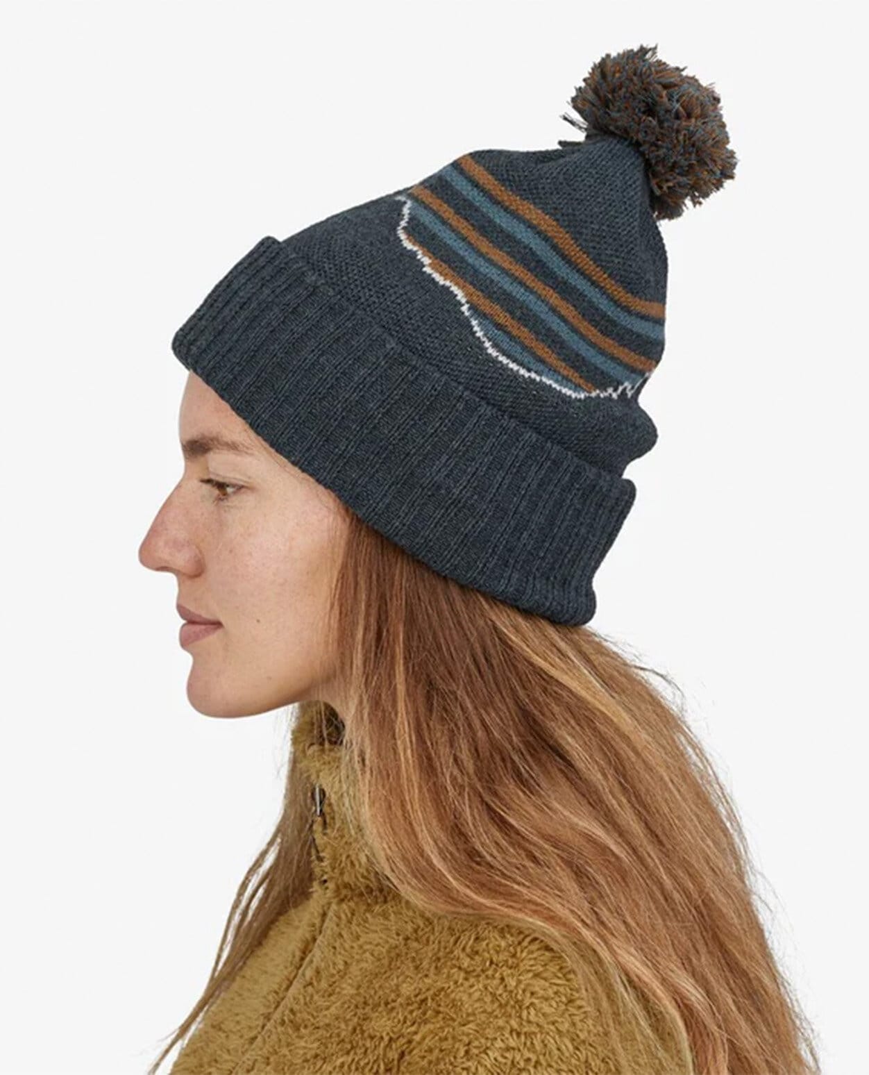 Patagonia Powder Town Beanie Fitz Roy Stripe Knit Smolder Blue